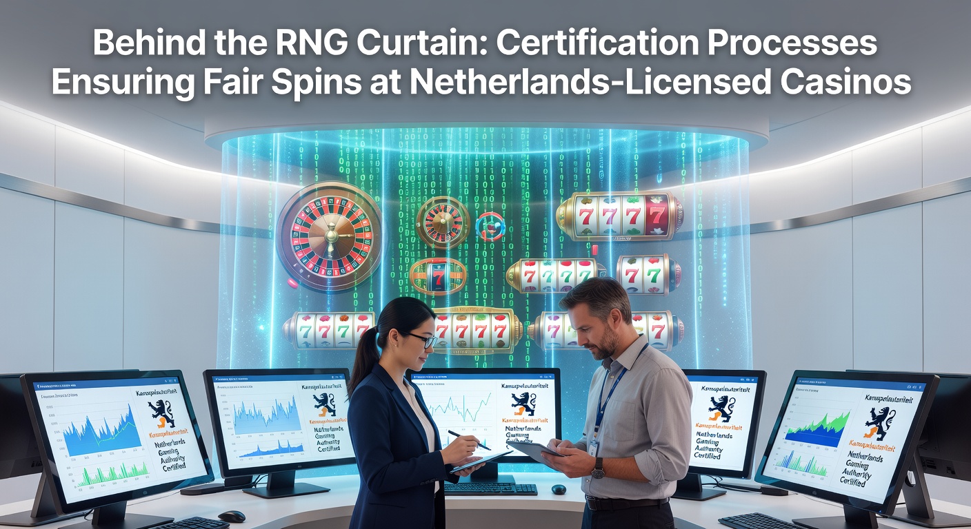 Schematische illustratie van een RNG-certificeringsproces met slotmachines en testlabs in een casino-omgeving