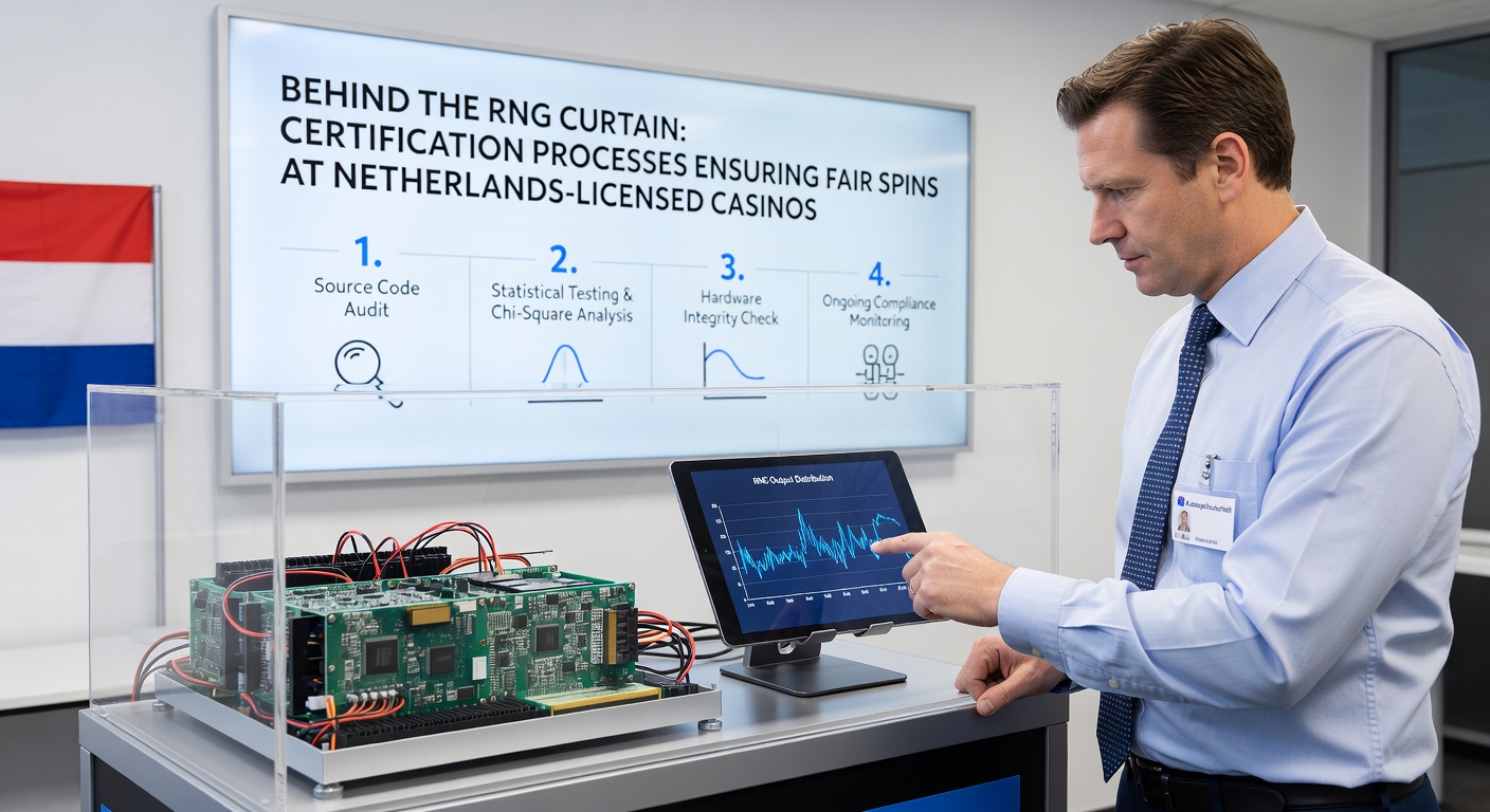 Afbeelding van een testlab-medewerker die RNG-software analyseert op computerschermen met grafieken en data-visualisaties