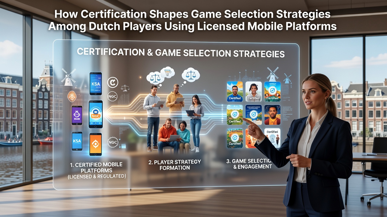 Mobiele gokinterface met certificeringsbadges en spelselectieopties