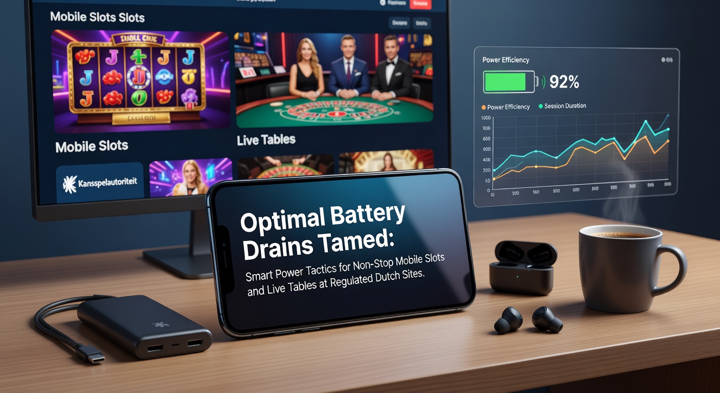 Smartphone met laag batterijpercentage tijdens mobiel casinospel, met grafieken van power-tactieken op een Nederlands online casino-app