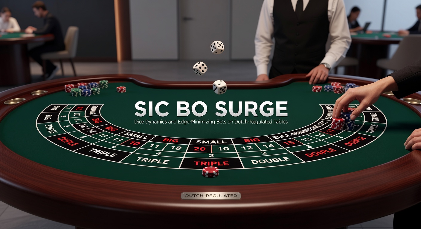 Drie kleurrijke dobbelstenen rollen over een Sic Bo-tafel met inzetten op big en small; typische opstelling in live online casinos