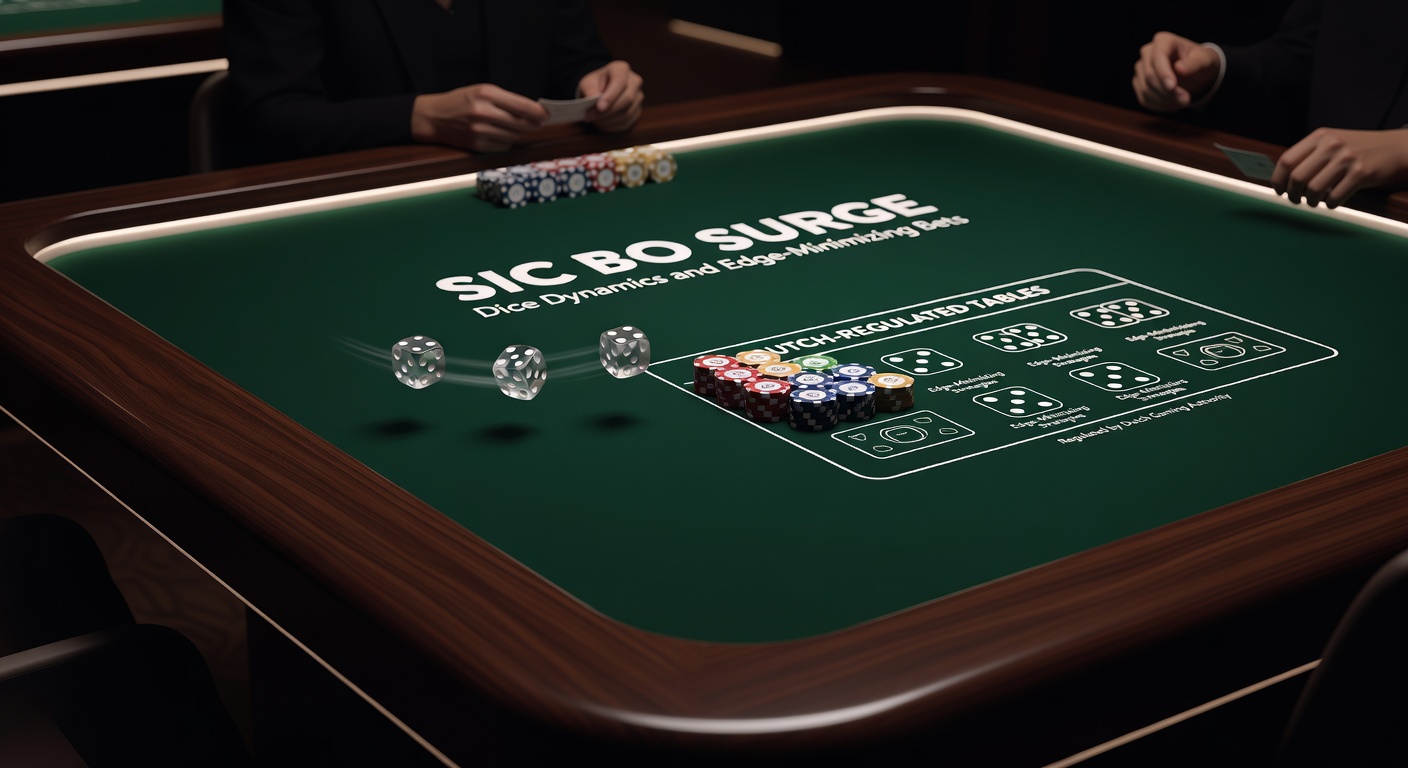 Sic Bo-tafel overzicht met markeringen voor big/small-inzetten en triple-opties; live dealer schudt de dobbelstenen in een gereguleerde studio