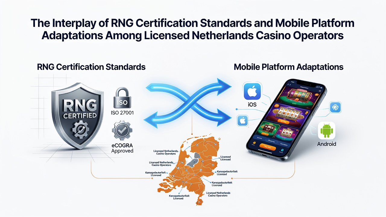 Illustratie van RNG-certificeringsprocessen en mobiele casino-interfaces bij Nederlandse operators