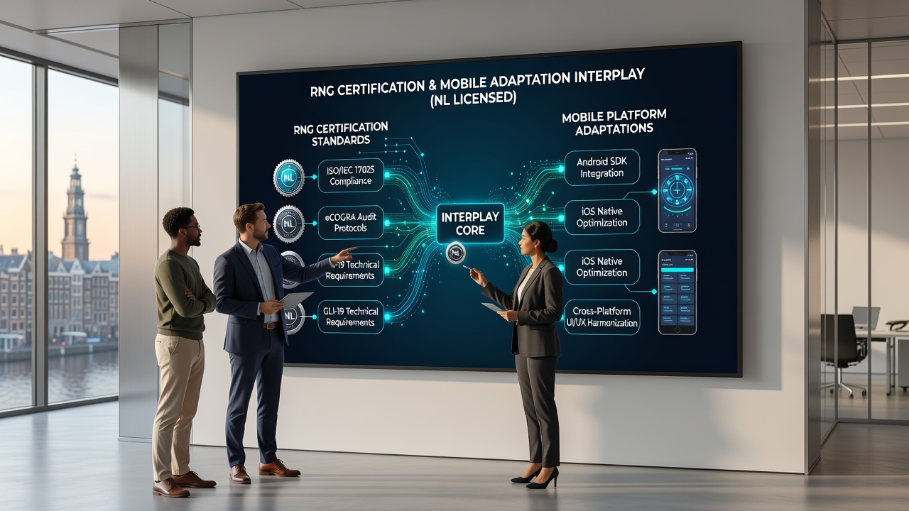 Diagram van mobiele platformintegratie met RNG-certificering bij Nederlandse casino's